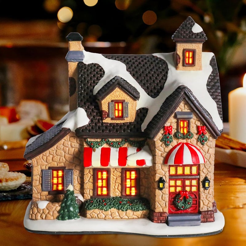 VCUTEKA Christmas Village House Lighted Indoor Decorations Gingerbread House with LED Light Christmas Village Collectible Buildings Figurines Ceramic Shop House Light up Figurine for Holiday Xmas Decor - Image 2